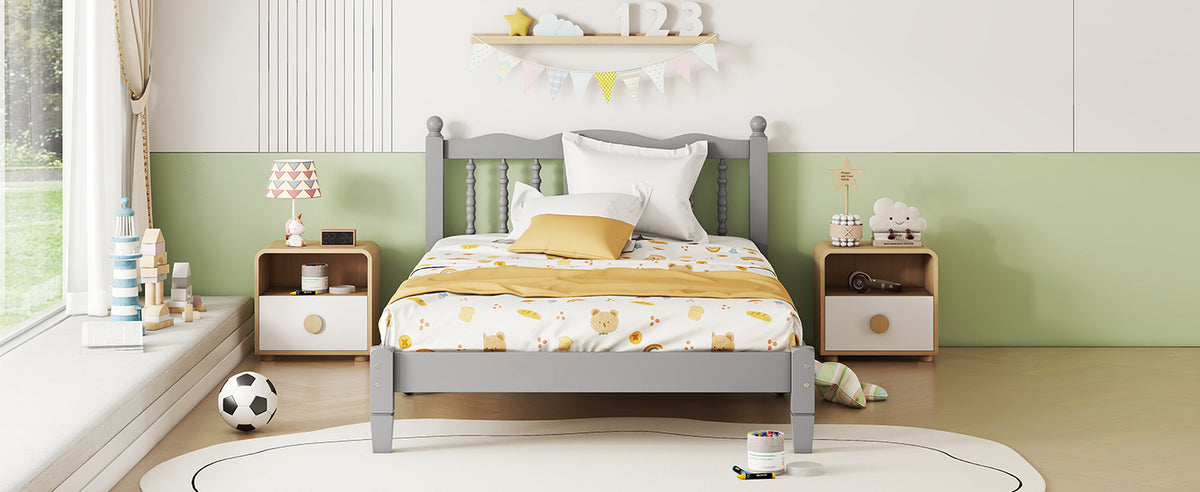 Twin Platform Bed with Slatted Headboard Gray