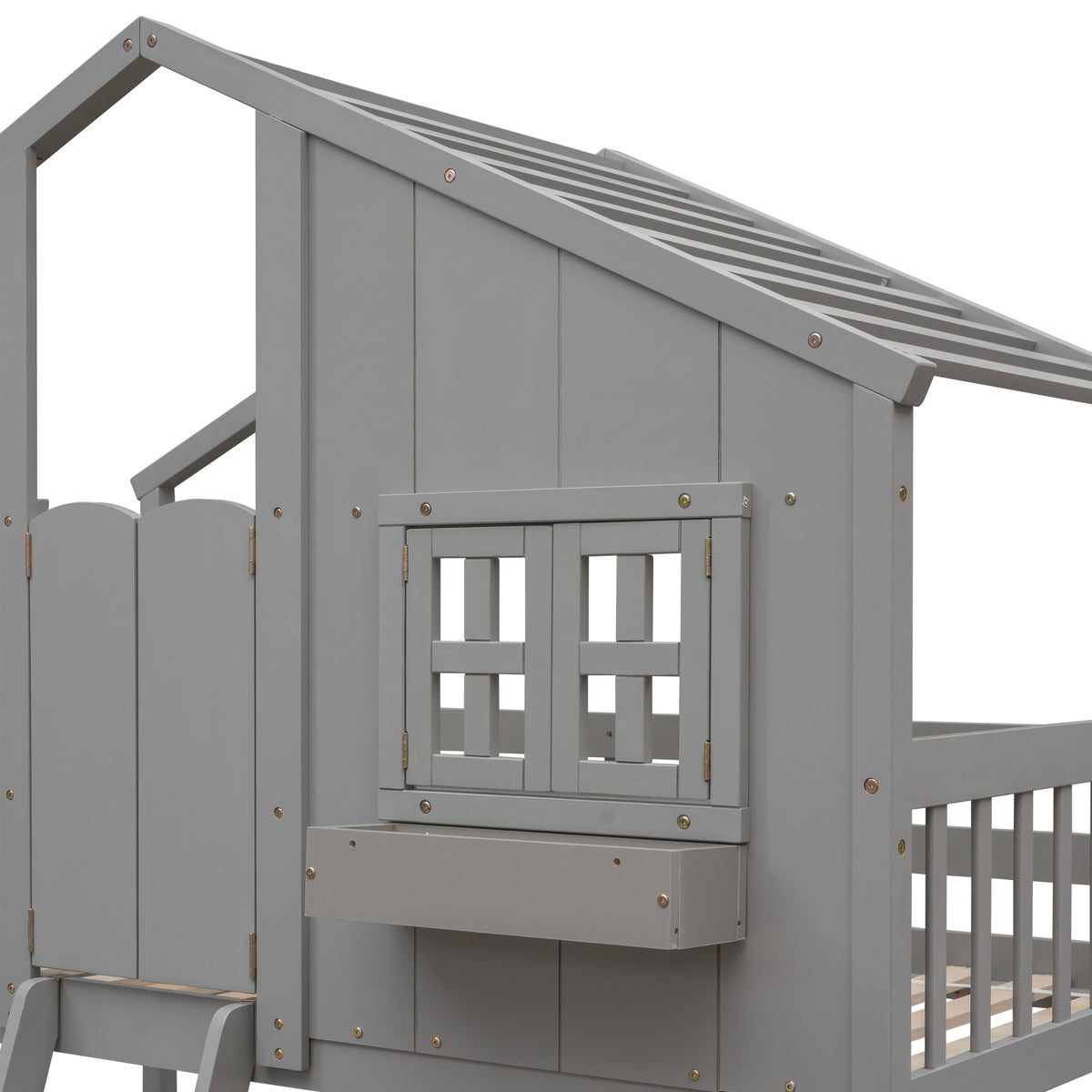 Twin House Bunk Bed with Ladder Grey