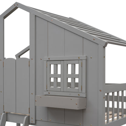 Twin House Bunk Bed with Ladder Grey
