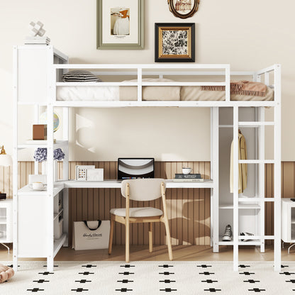 Full Loft Bed with Wardrobe and Shelf White