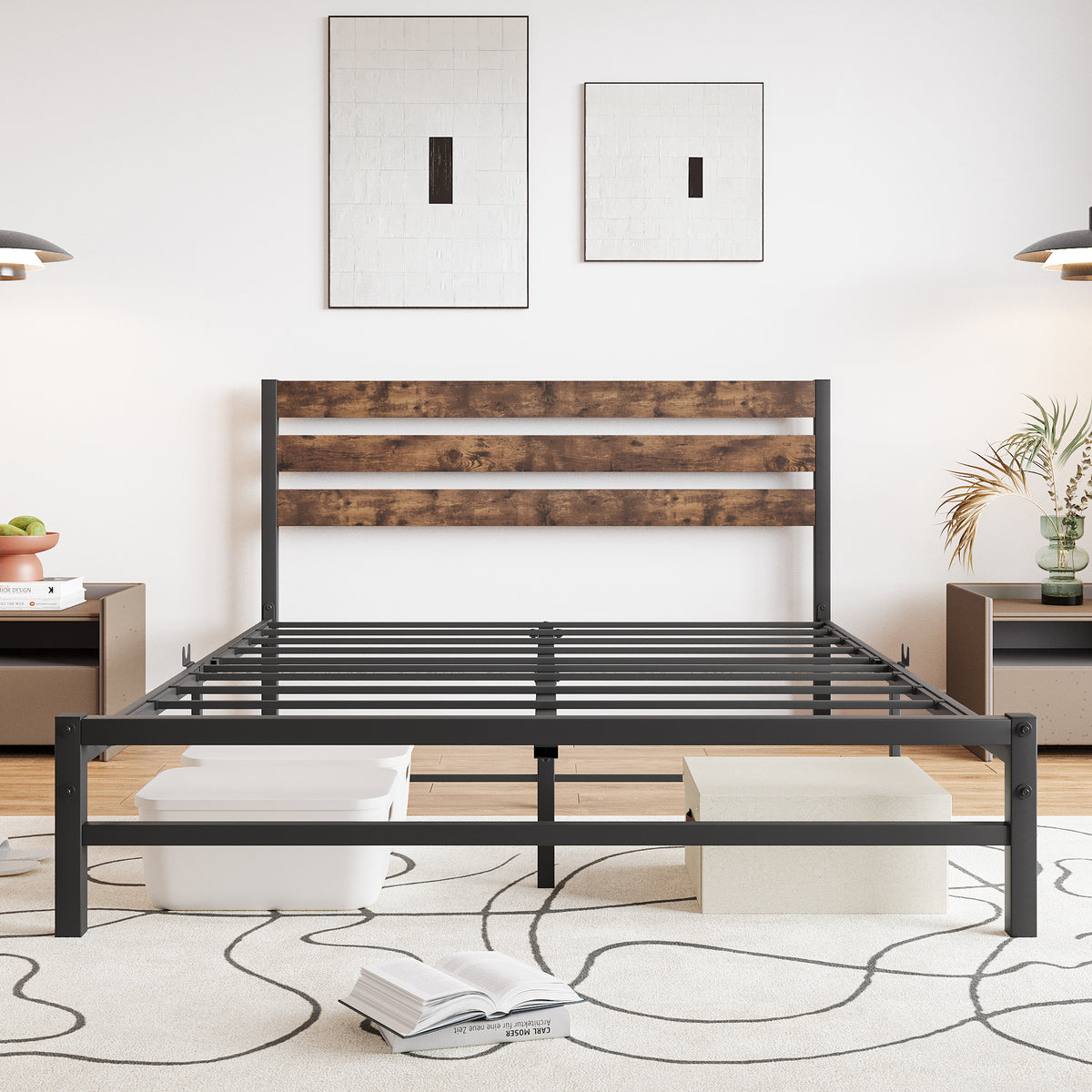 Queen Platform Bed with Rustic Wood Headboard Brown