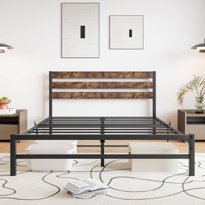 Queen Platform Bed with Rustic Wood Headboard Brown