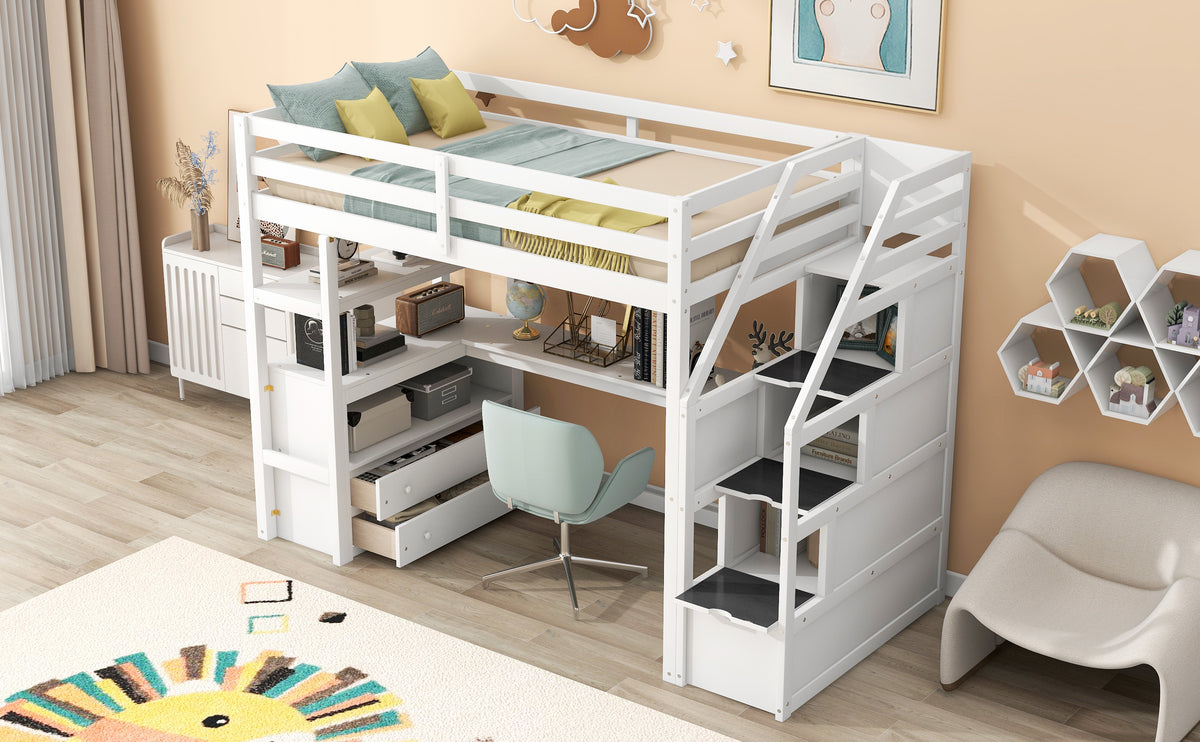 Twin Loft Bed with Storage Staircase White