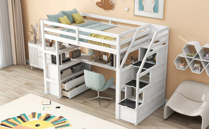 Twin Loft Bed with Storage Staircase White