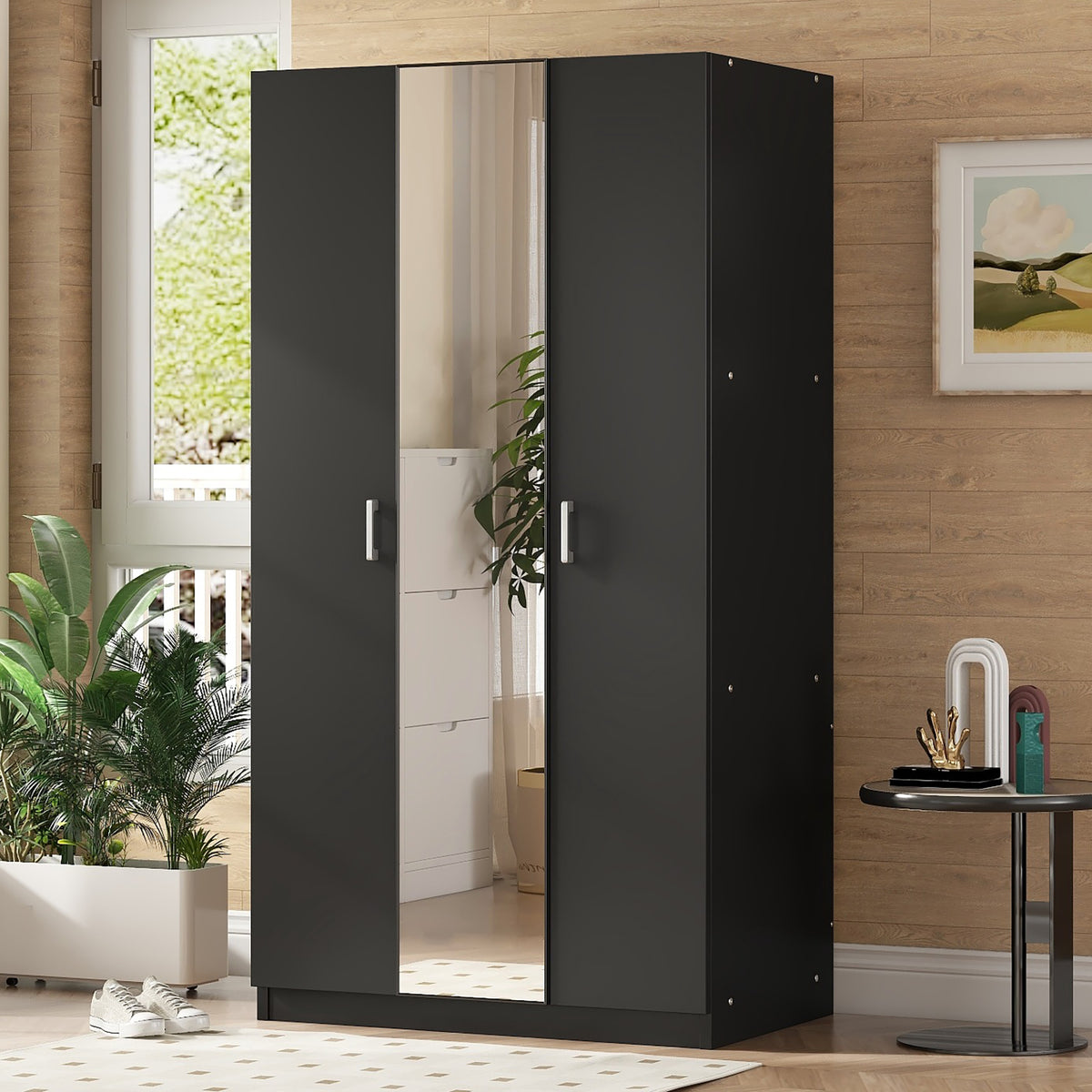 3-Door Wardrobe with Mirror Black