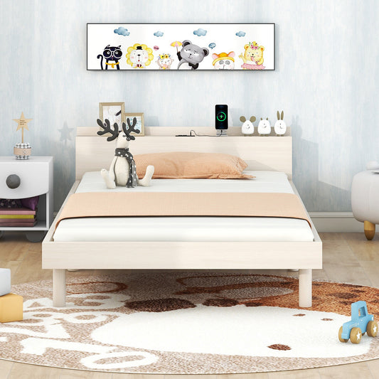 Twin Platform Bed with USB Ports White Wash