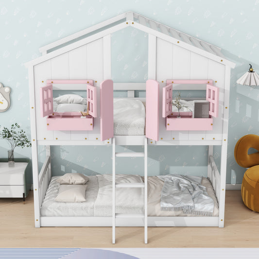 Twin House Bunk Bed with Ladder Pink White