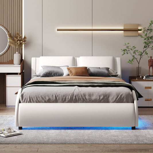 Full Upholstered Platform Bed with LED Lights