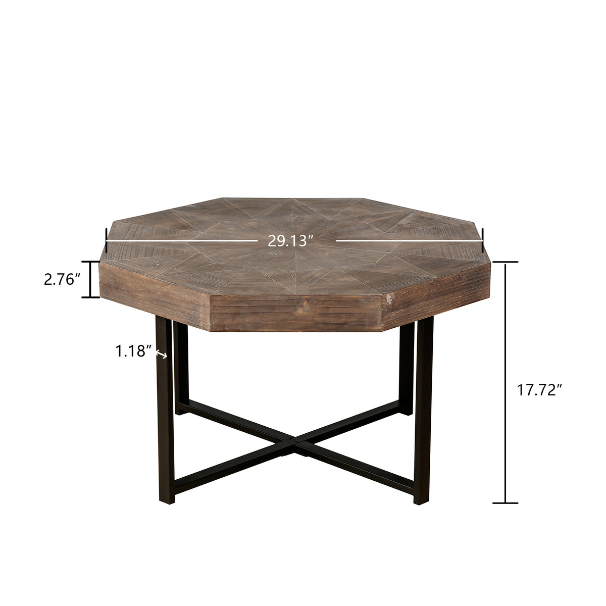 Octagonal Coffee Table with Cross Metal Base Brown
