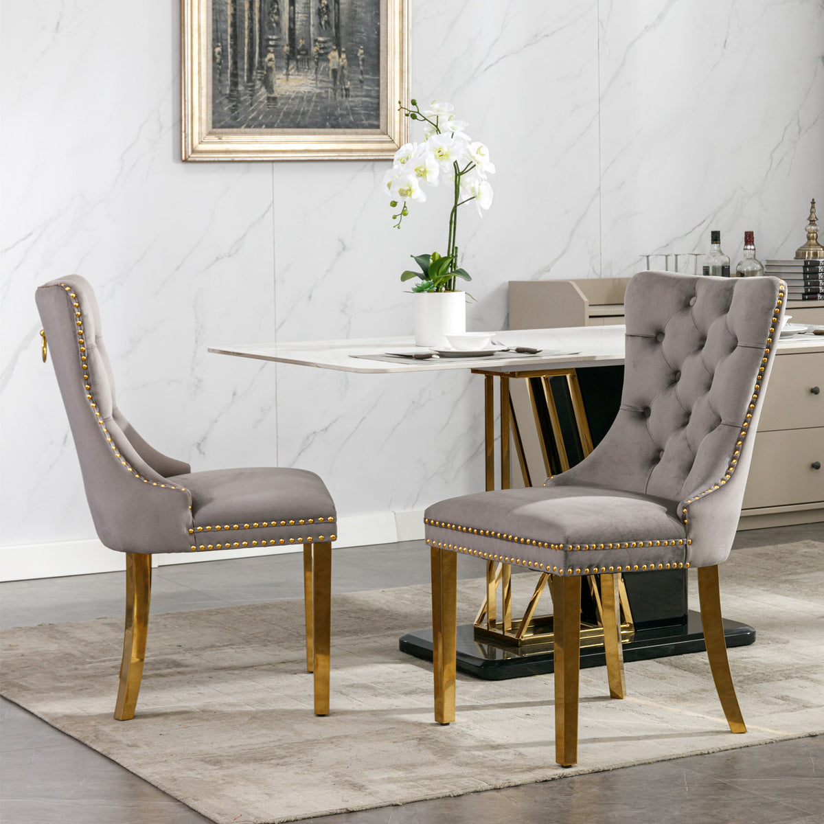 Tufted Velvet Dining Chair Set (2 pcs) – Gray & Gold Legs