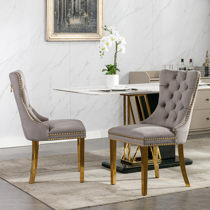Tufted Velvet Dining Chair Set (2 pcs) – Gray & Gold Legs