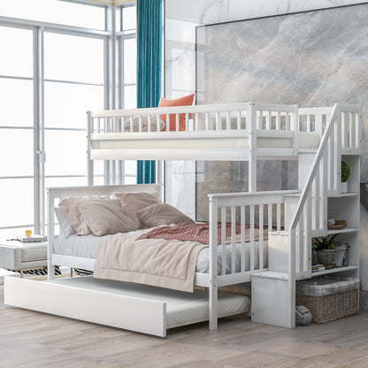 Twin Over Full Bunk Bed with Staircase White