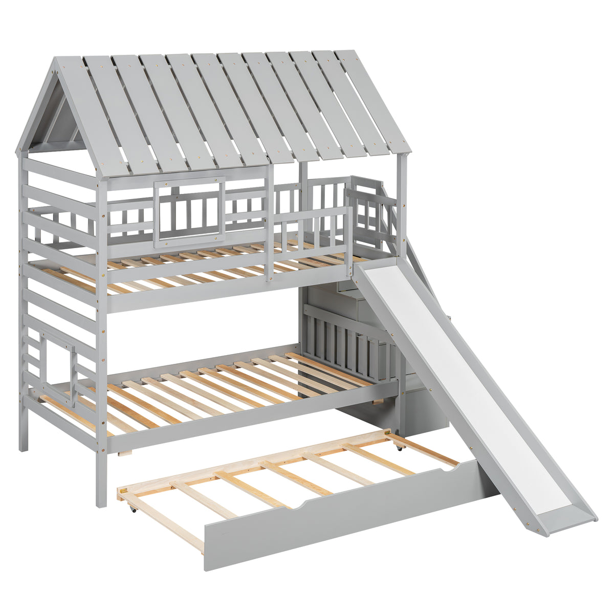 Twin Bunk Bed with Roof and Ladder Gray