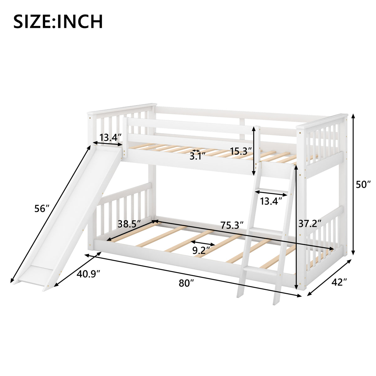 Twin Over Twin Bunk Bed with Slide White