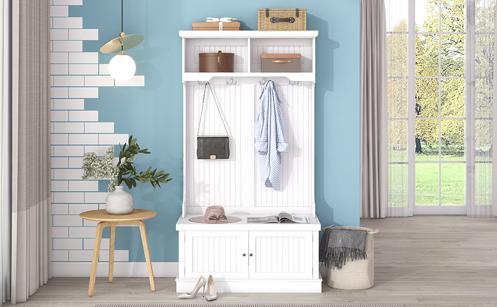 White Hall Tree Bench with Coat Hooks