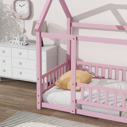Twin Floor Bed with Fence Guardrails Pink