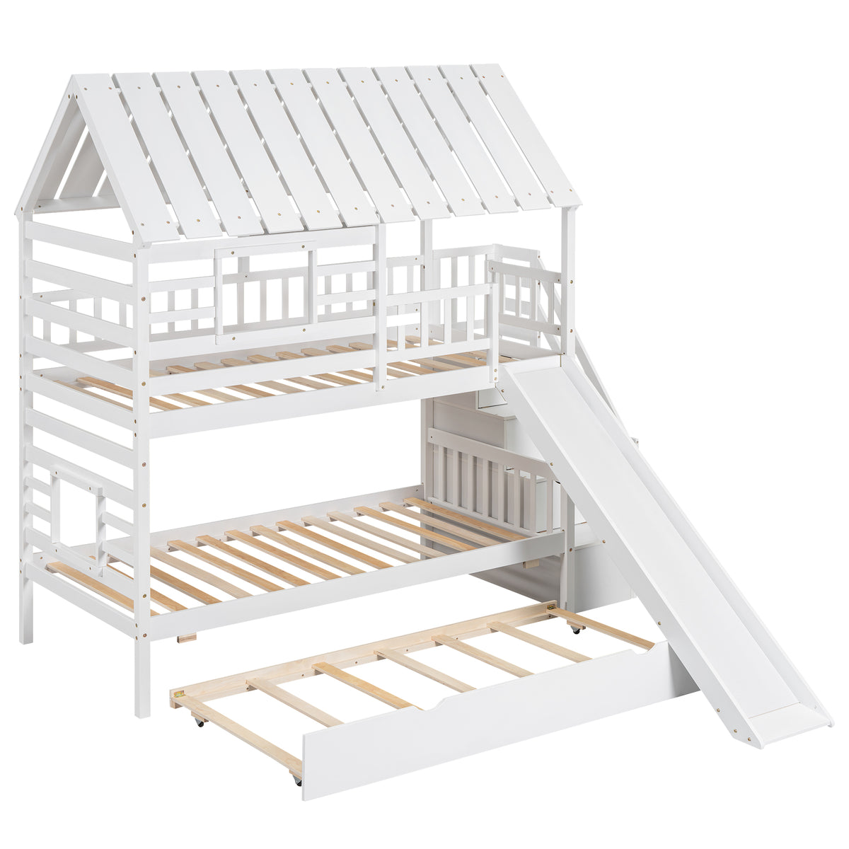 Twin Over Twin Bunk Bed with Roof Staircase White
