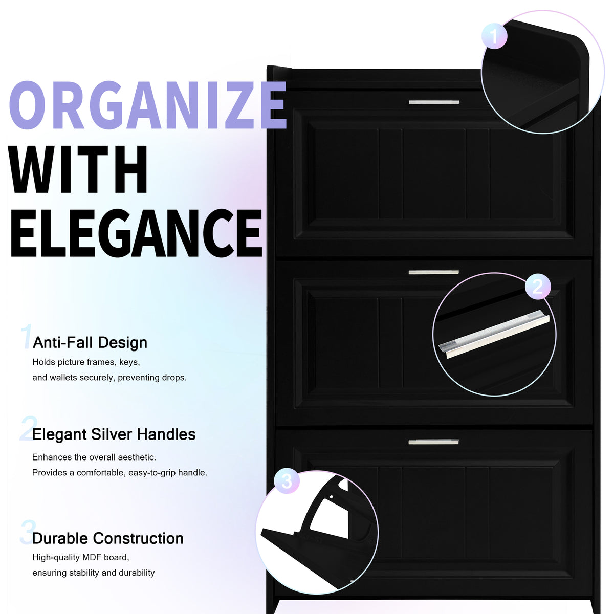 U-Can Black Shoe Storage Cabinet with 3 Flip Drawers