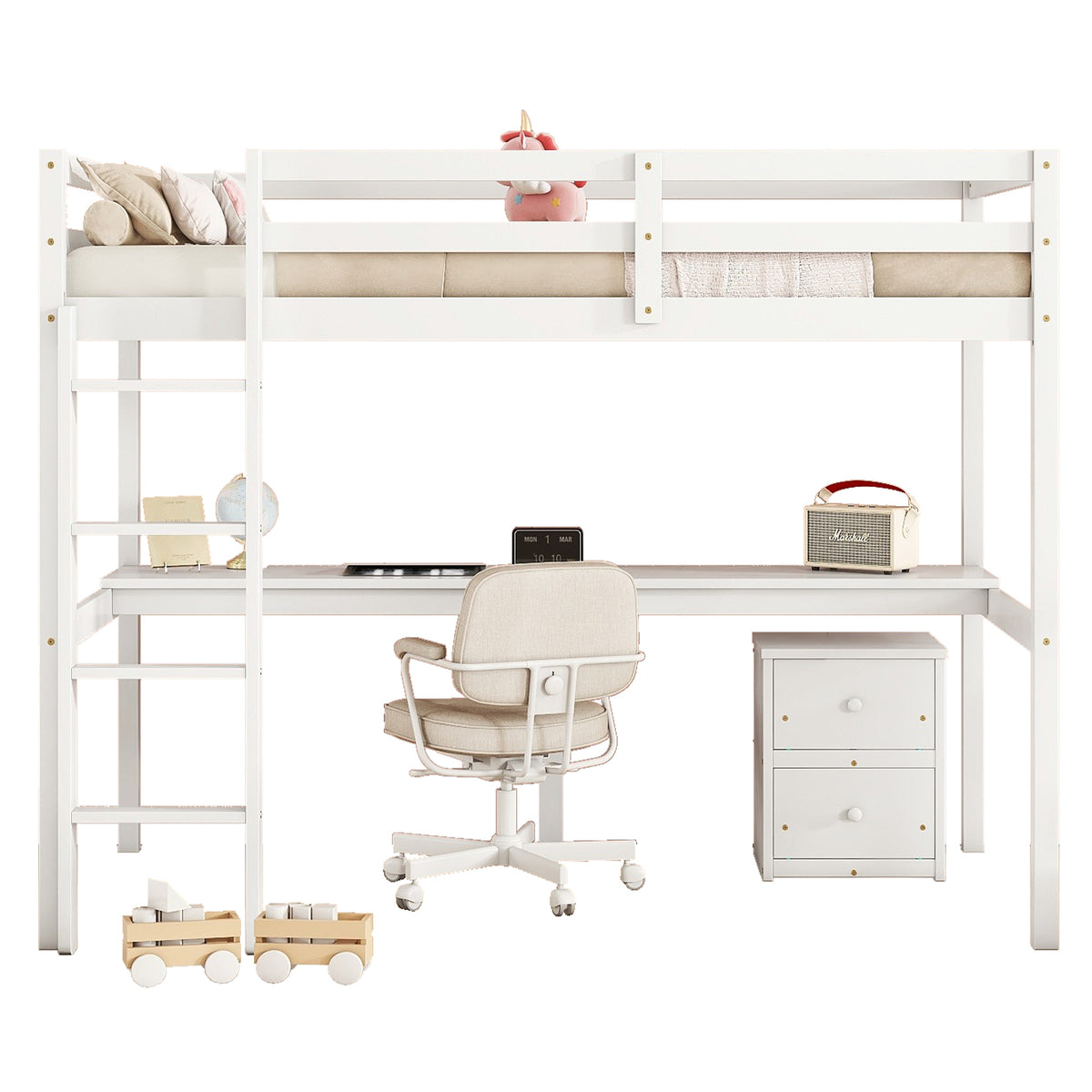 White Twin Loft Bed with Storage & Ladder