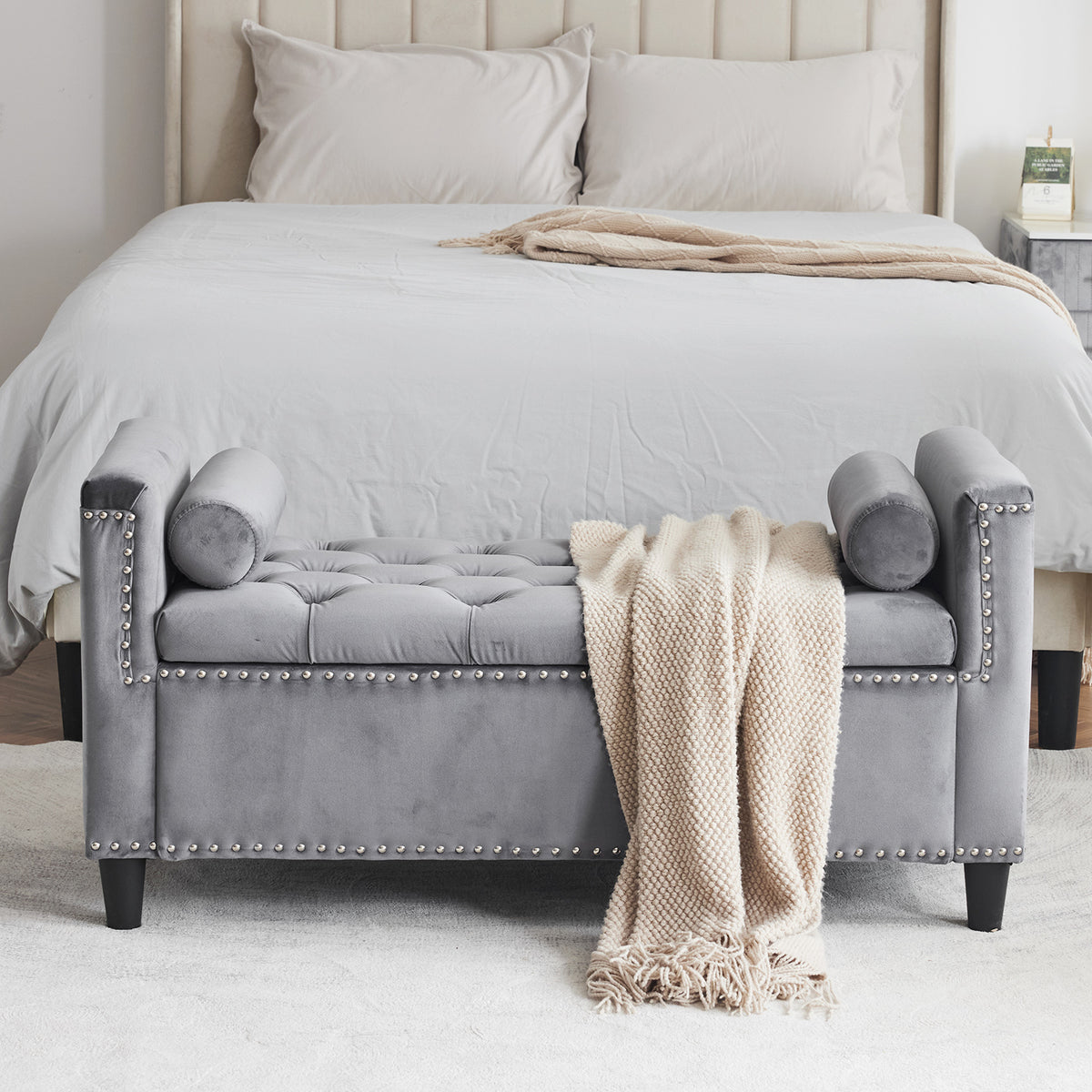Velvet Storage Bench with Nailhead Trim Gray