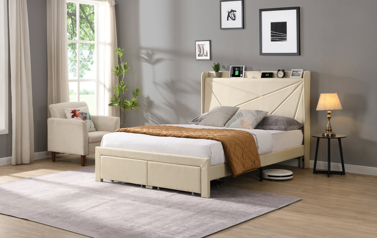 Full Size Upholstered Bed with Drawers – Beige