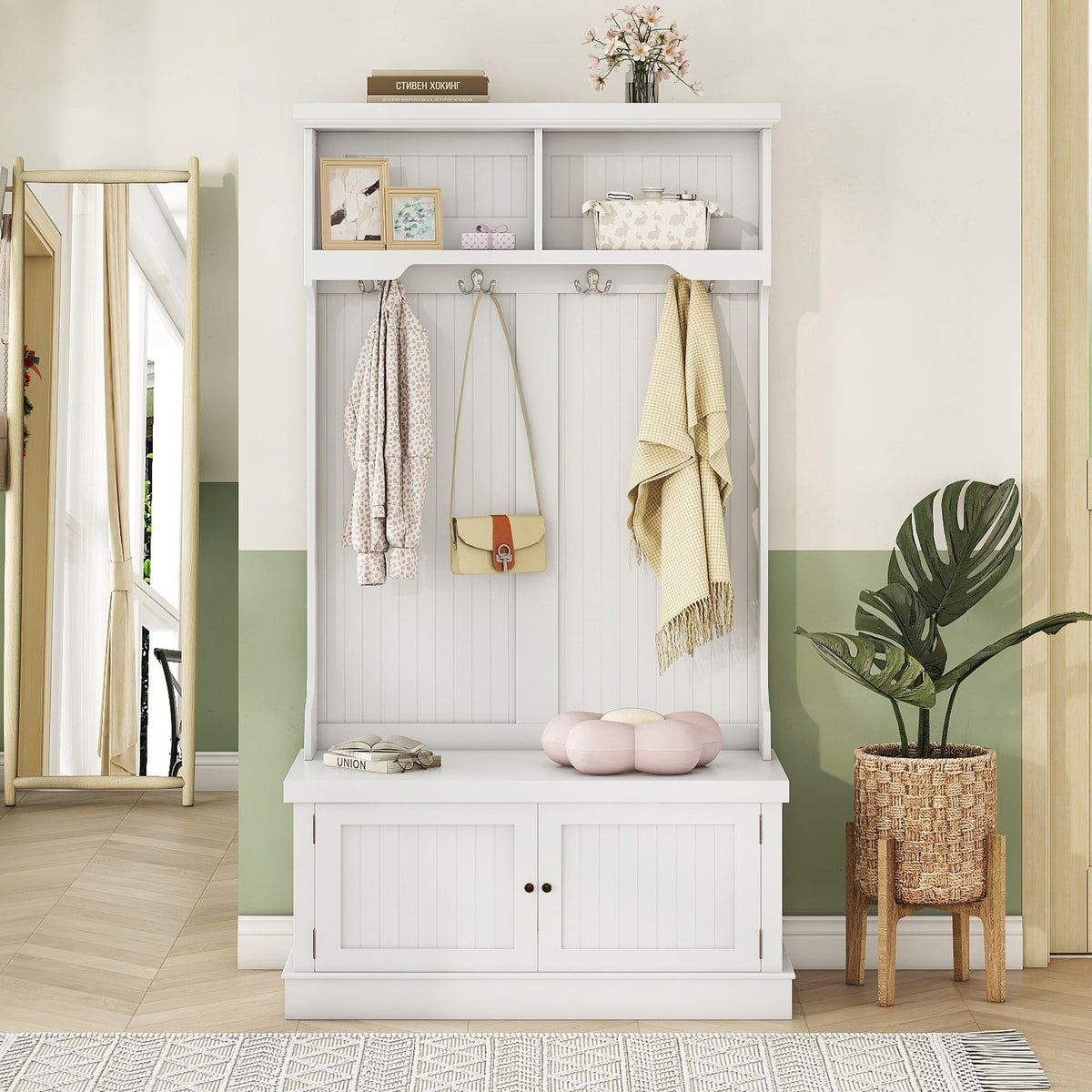 Hall Tree with Hooks and Shoe Storage Bench White