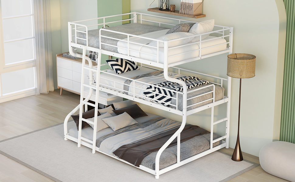 White Triple Bunk Bed – 3-Tier Space-Saving Metal Frame for Kids & Teens