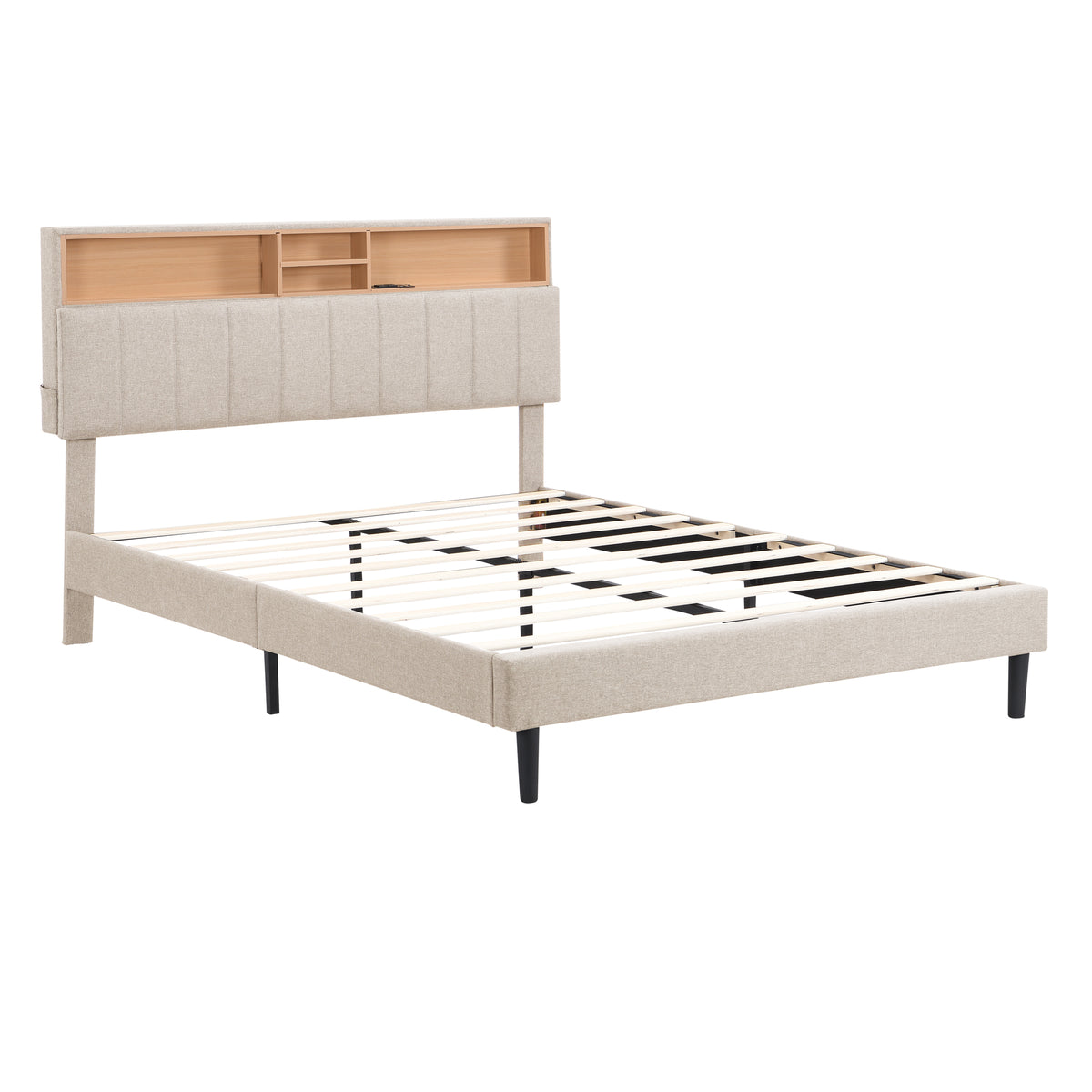 Queen Linen Platform Bed with Storage Beige