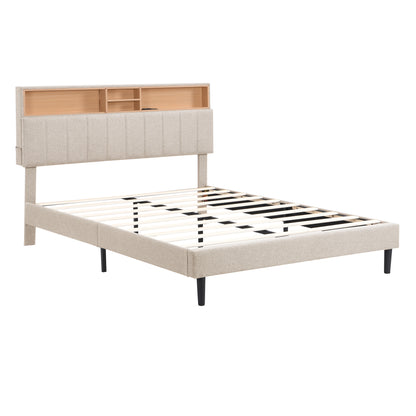 Queen Linen Platform Bed with Storage Beige