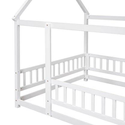 Full Wooden Bed with House Roof Frame White