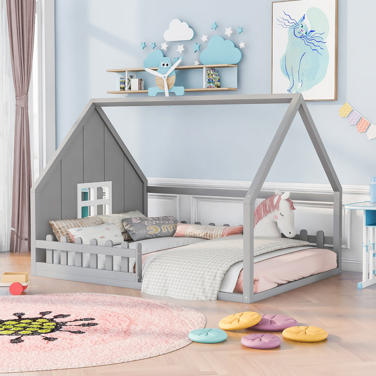 Full House Bed with Window Gray