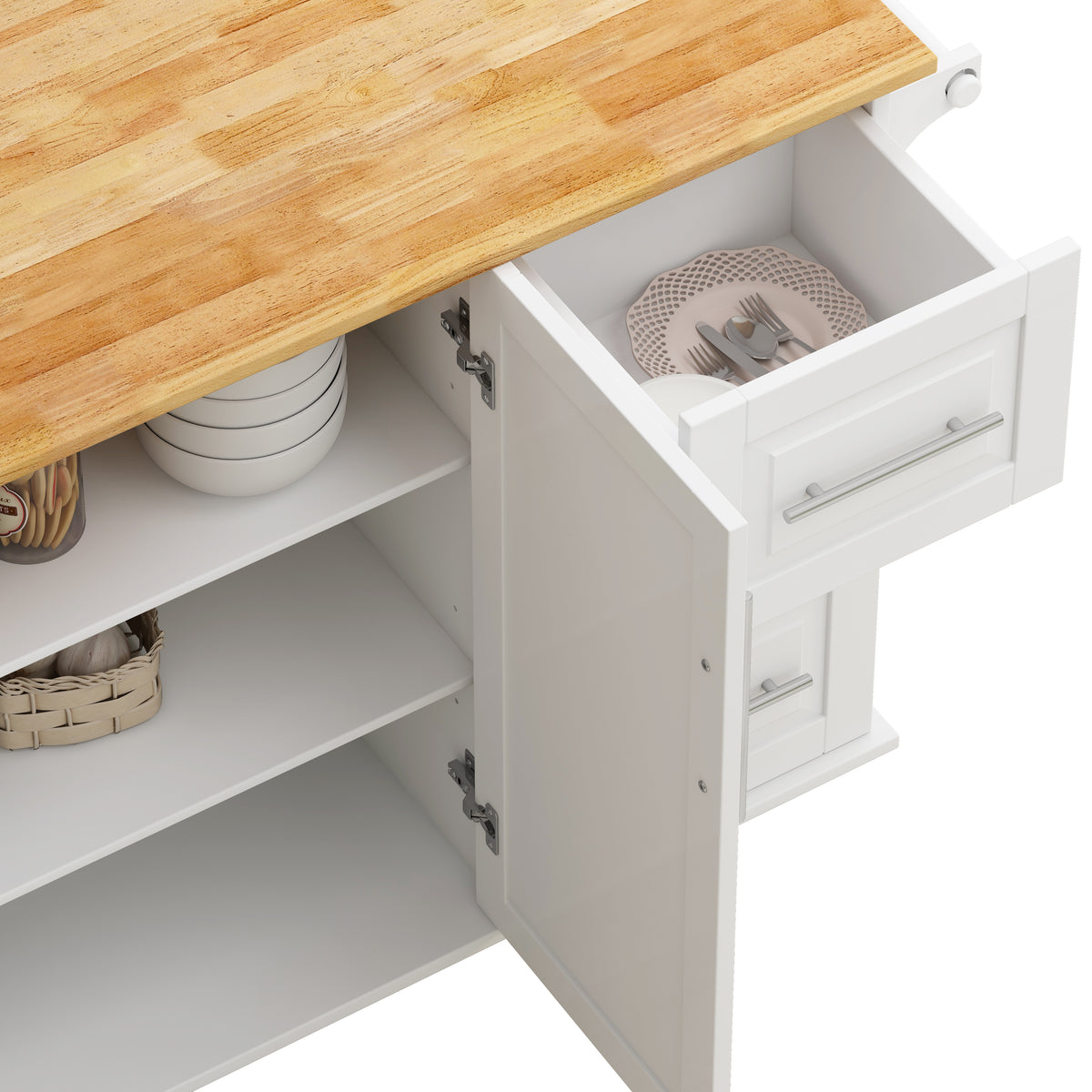 Mobile Kitchen Island with Drawers and Rack White