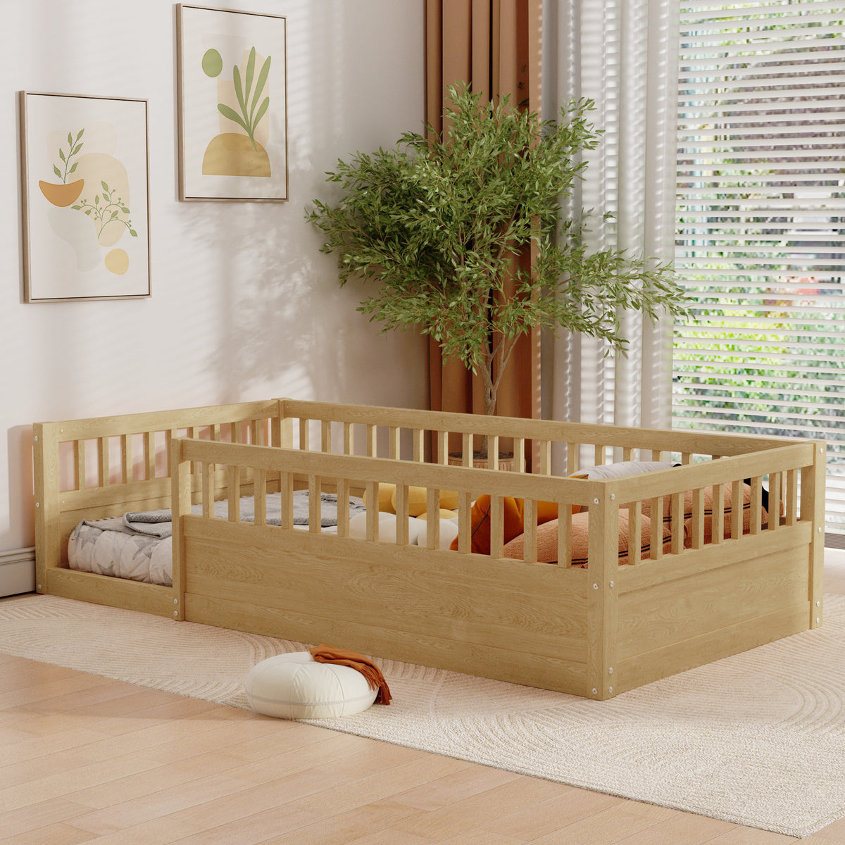 Natural Kids Floor Bed Frame with Fence