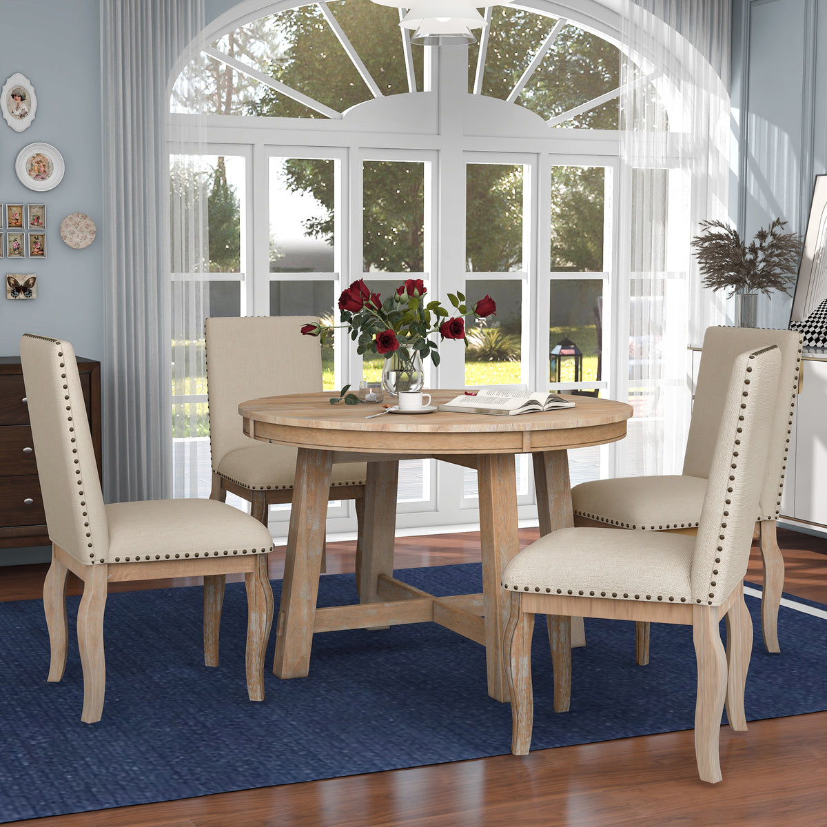 5-Piece Dining Set with Round Table Wood Wash