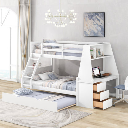 Twin Over Full Bunk Bed with Built-In Desk White