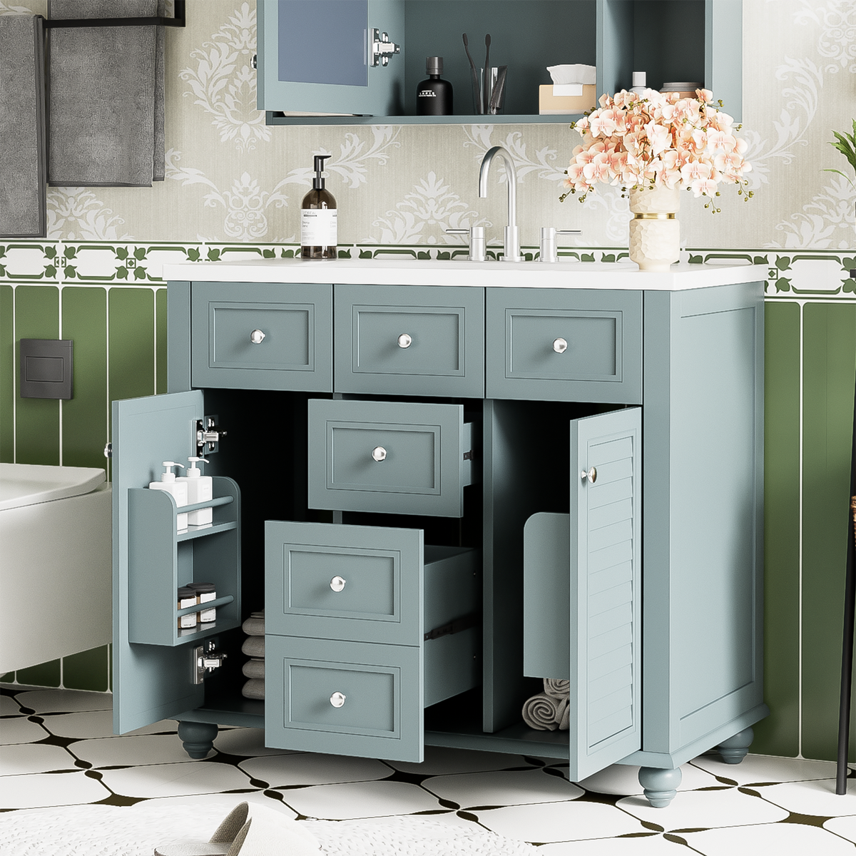 36-Inch Blue Bathroom Vanity with Resin Sink and Drawers