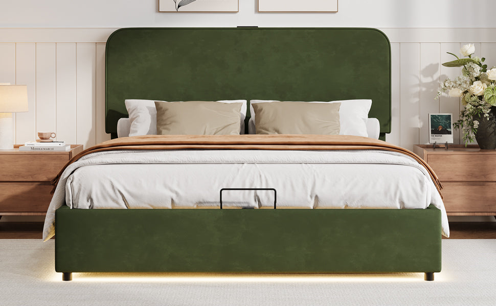 Hydraulic Storage Bed with LED Lights Green