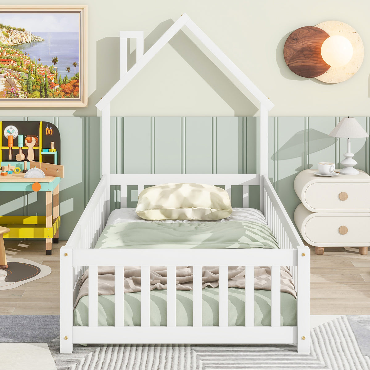 Twin Floor Bed with Fence – White Finish