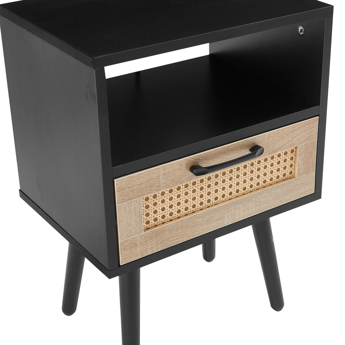 Rattan End Table with Drawer Black Legs