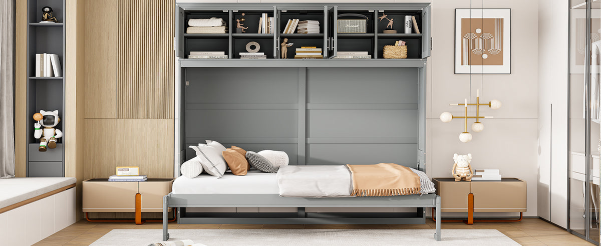 Gray Murphy Bed with Top Cabinets