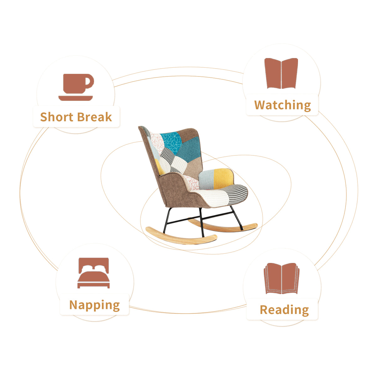 Mid-Century Rocking Chair with Ottoman – Patchwork Linen