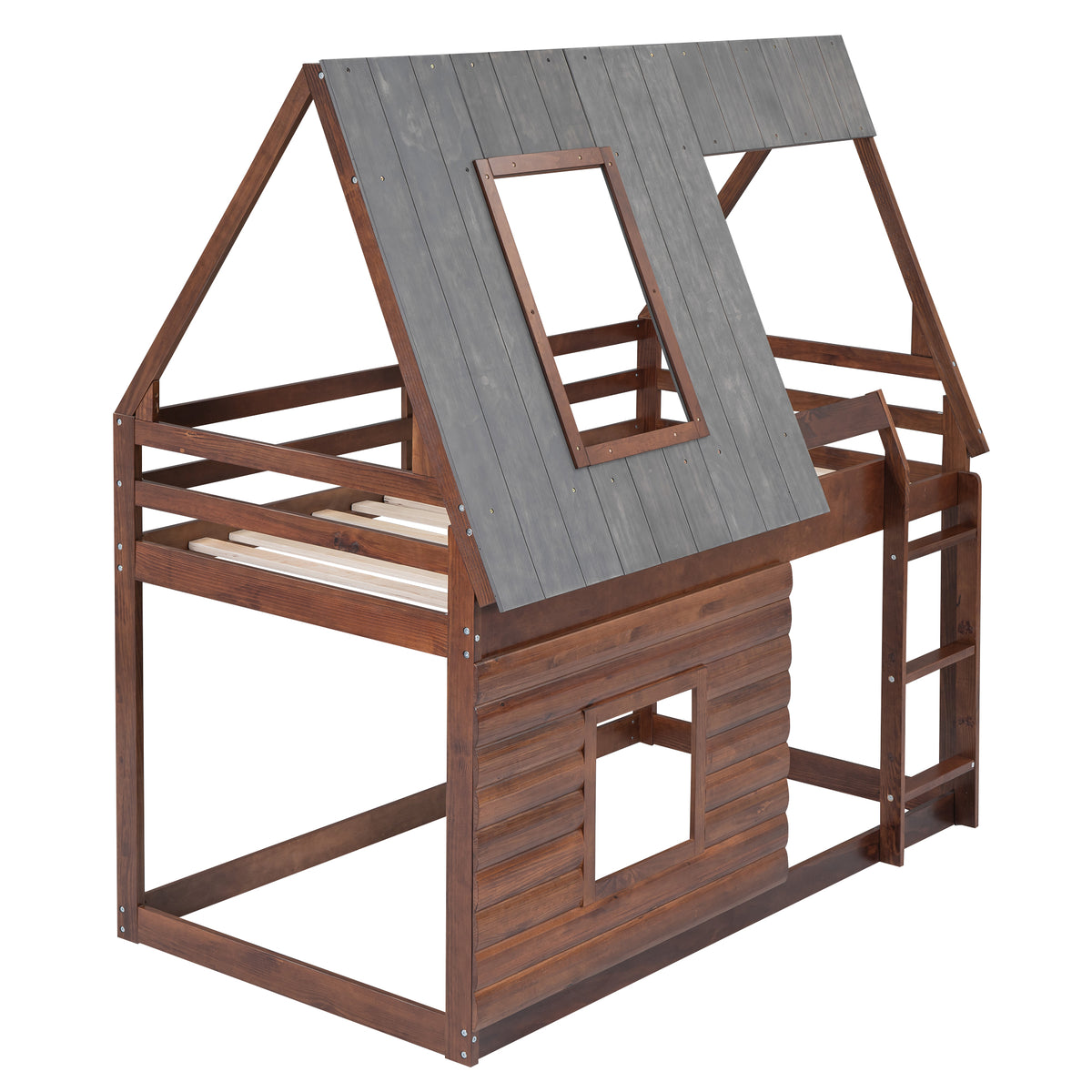 Twin Bunk Bed with Roof Windows Gray
