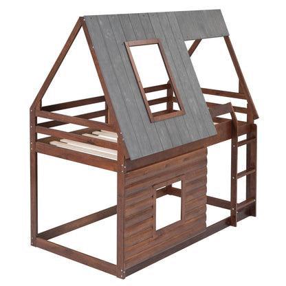 Twin Bunk Bed with Roof Windows Gray