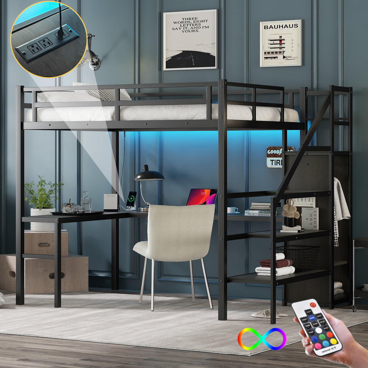Full Loft Bed with Desk & Storage – Gray