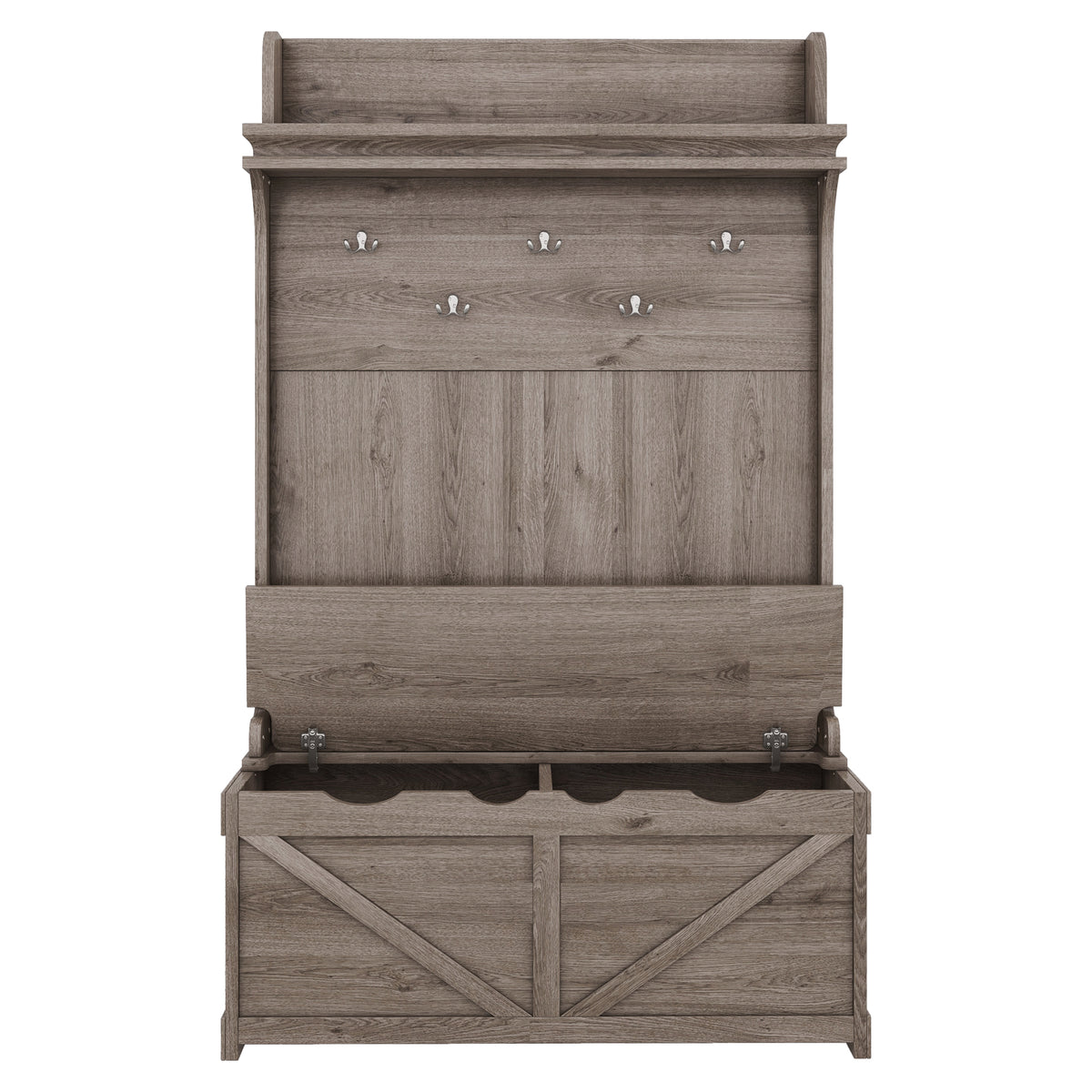 Oak Hall Tree with Hooks, Shelves, and Storage Bench