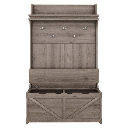 Oak Hall Tree with Hooks, Shelves, and Storage Bench