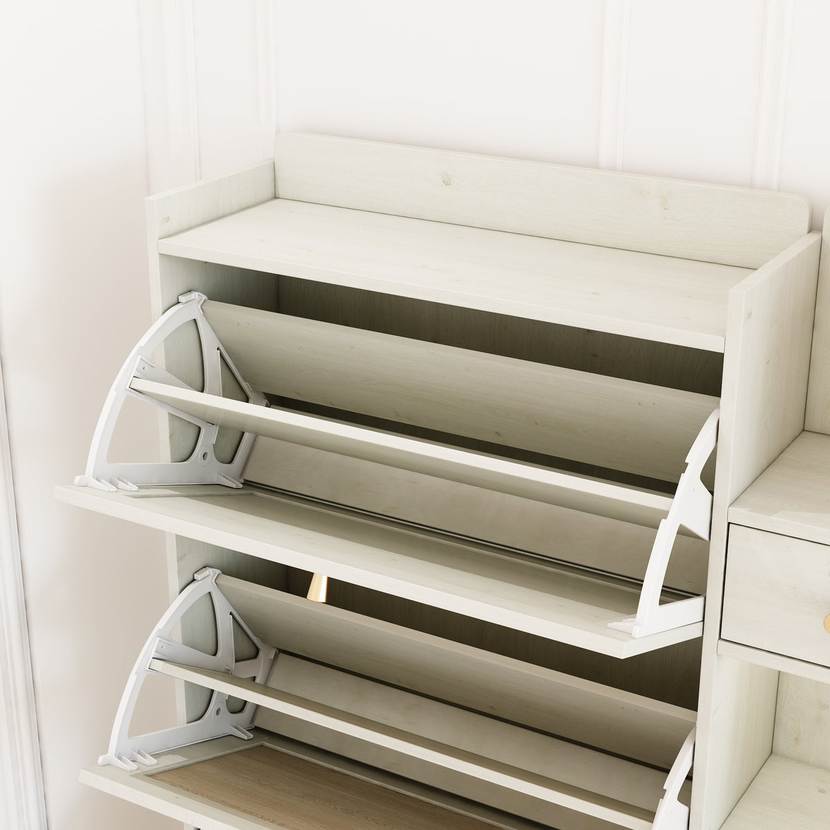 Bohemian Shoe Cabinet with Rattan Shelves White