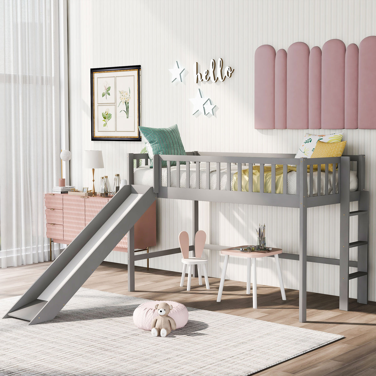 Twin Loft Bed with Ladder and Slide Gray