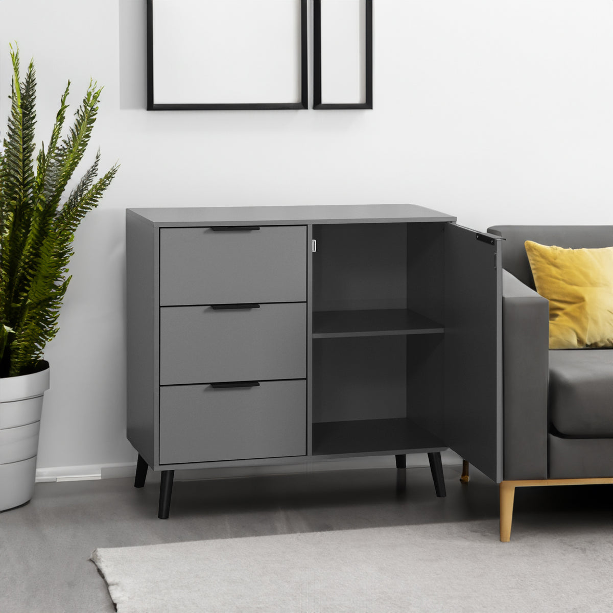 Gray Storage Cabinet with Drawers and Adjustable Shelves