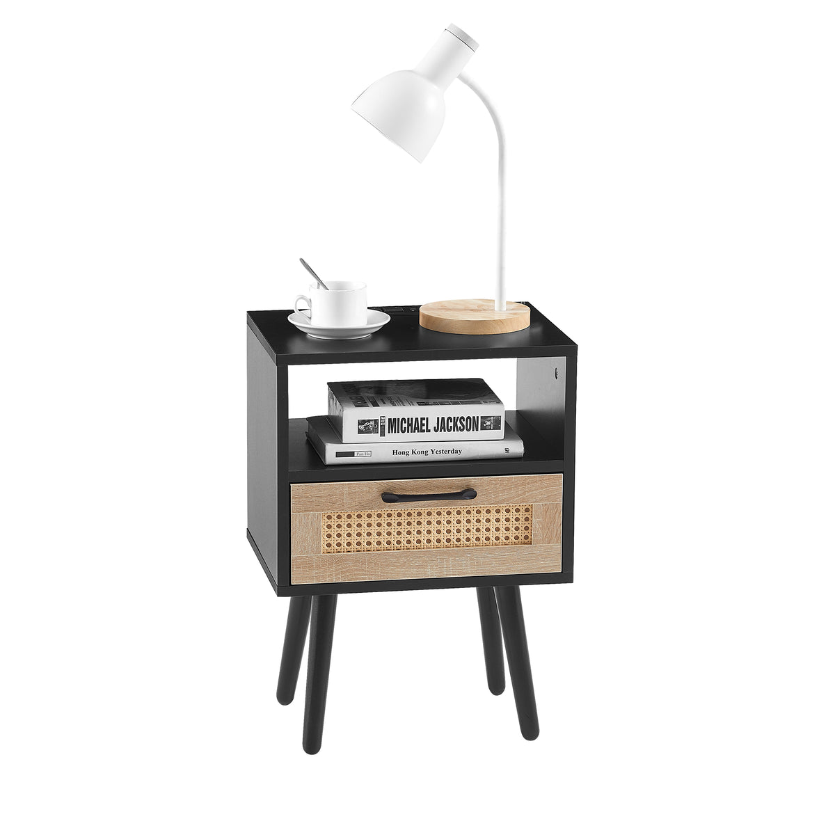 Rattan End Table with Drawer Black Legs